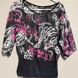 BCX Women's Black and Purple Patterned Top